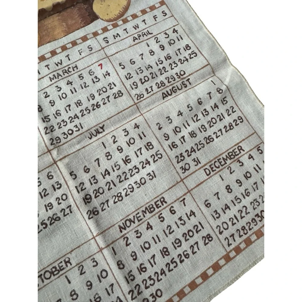 VTG 1981 Linen Tea Towel Calendar Floral Basket Pie Country Kitchen Decor Cabin